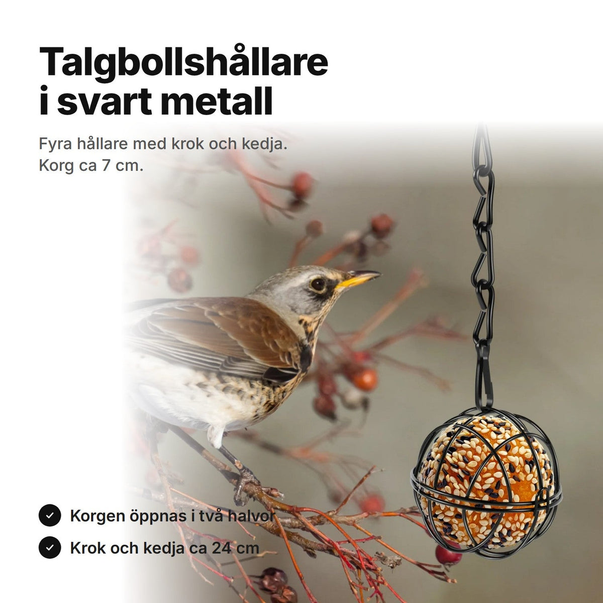 Talgbollshållare i metall – 4 st. med krok och kedja