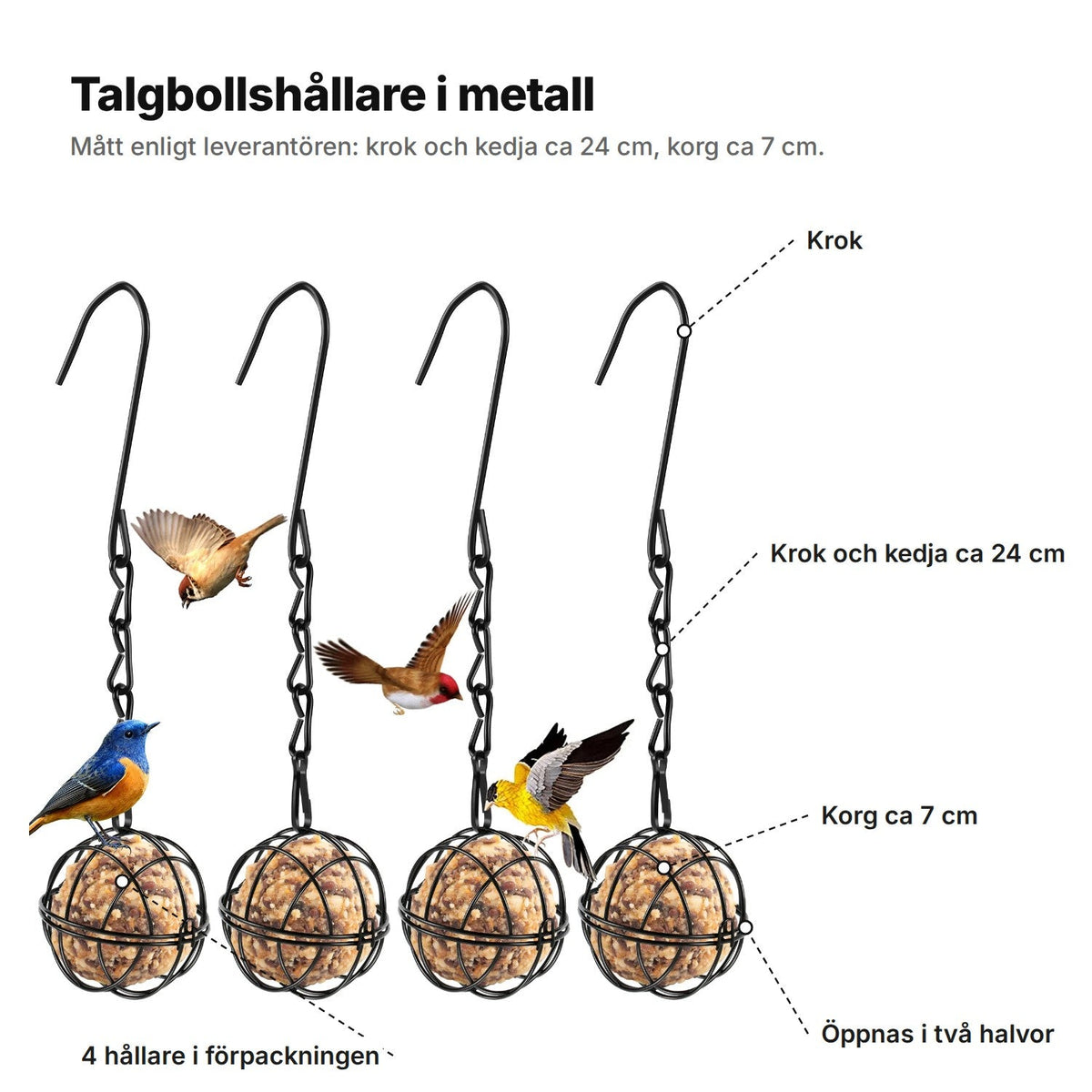 Talgbollshållare i metall – 4 st. med krok och kedja