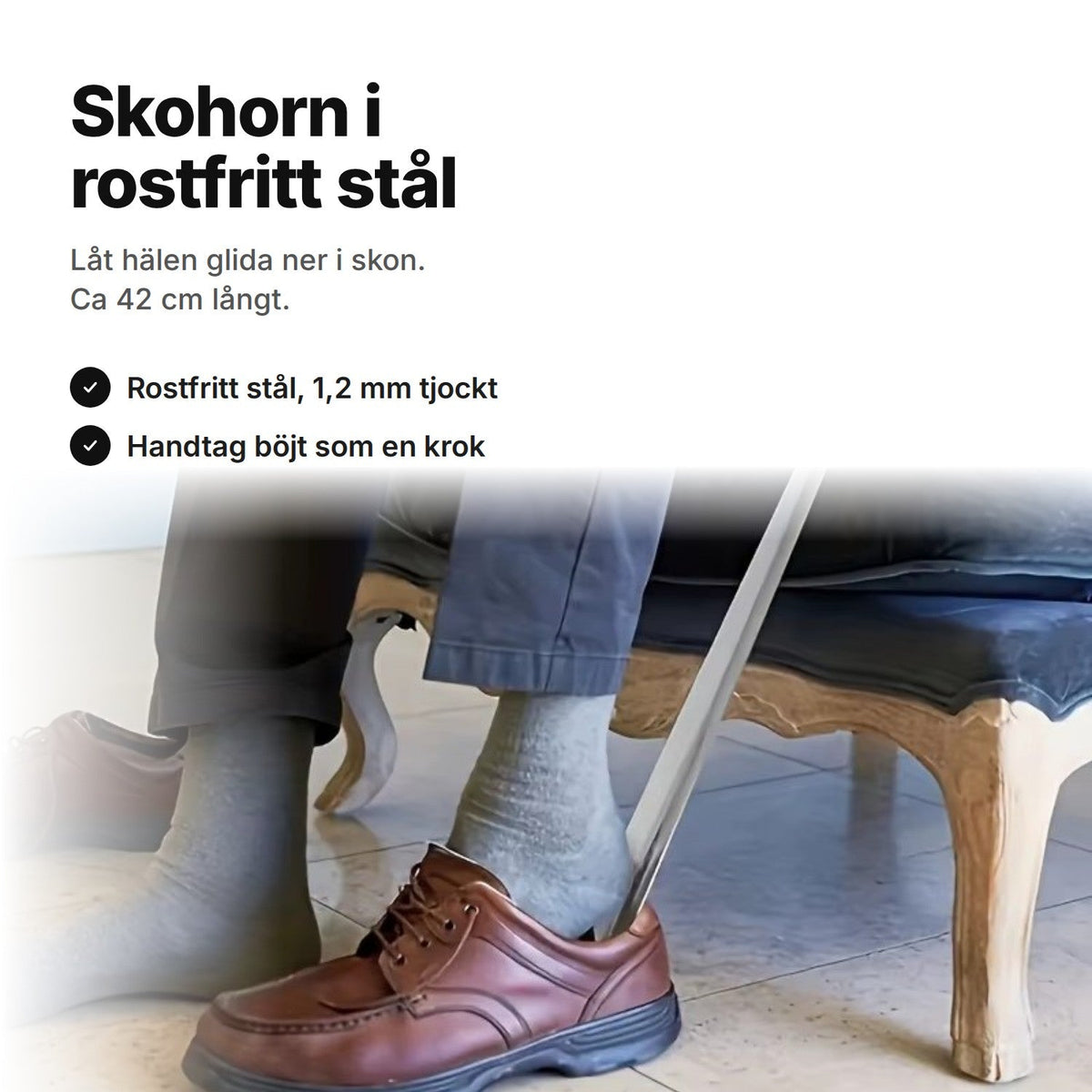 Skohorn i rostfritt stål – 42 cm med svart handtag