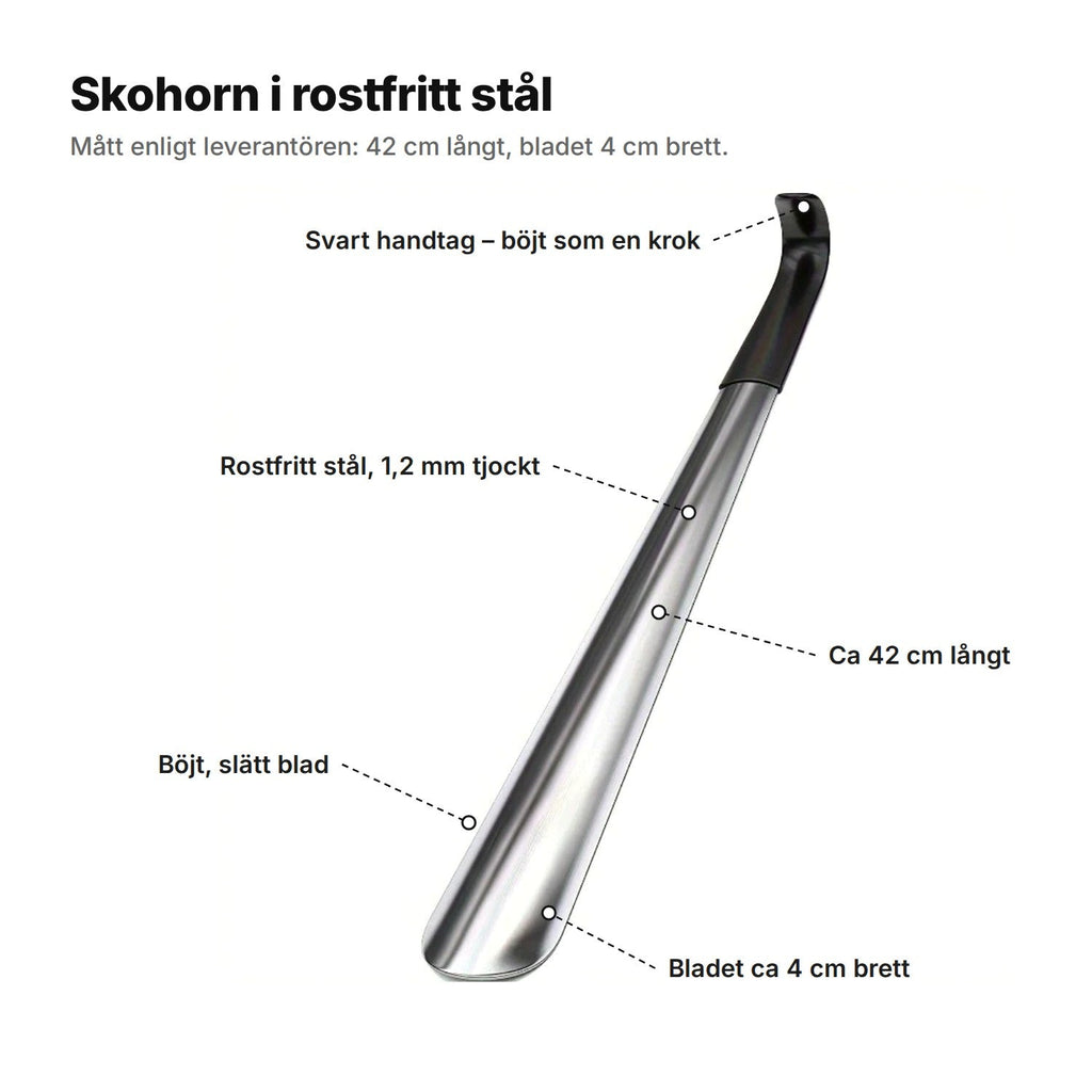 Skohorn i rostfritt stål – 42 cm med svart handtag
