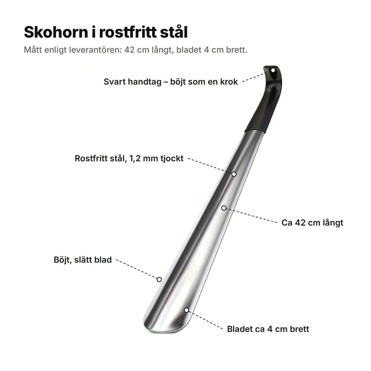 Skohorn i rostfritt stål – 42 cm med svart handtag
